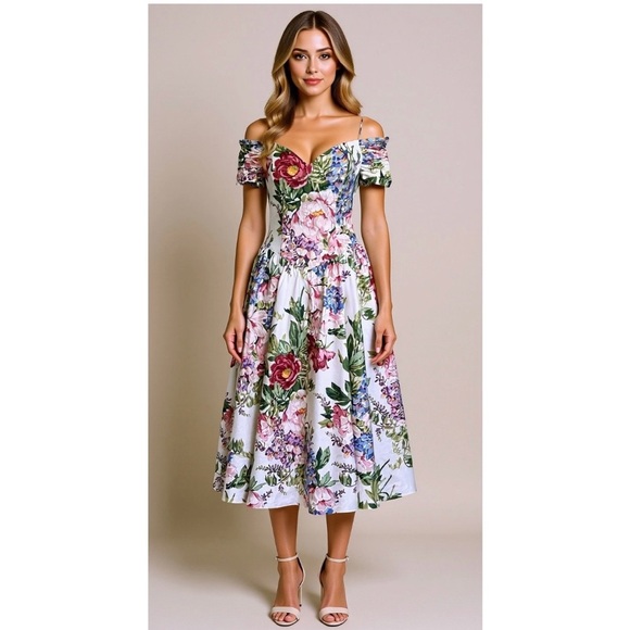 Moda International Dresses & Skirts - Vtg Moda Int’l Floral Midi Dress Women 10 Corset Ruched Off The Shoulder Prom